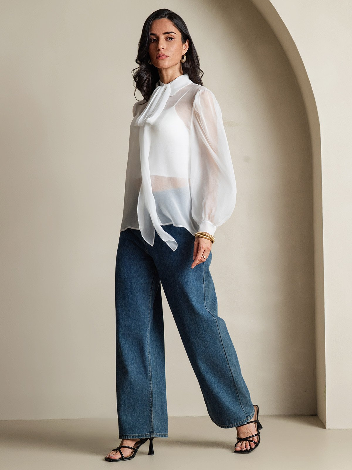 [Blanco] SilkSilky-ES 6Momme Manga larga Cuello Lazo Blusas de Mujer 006