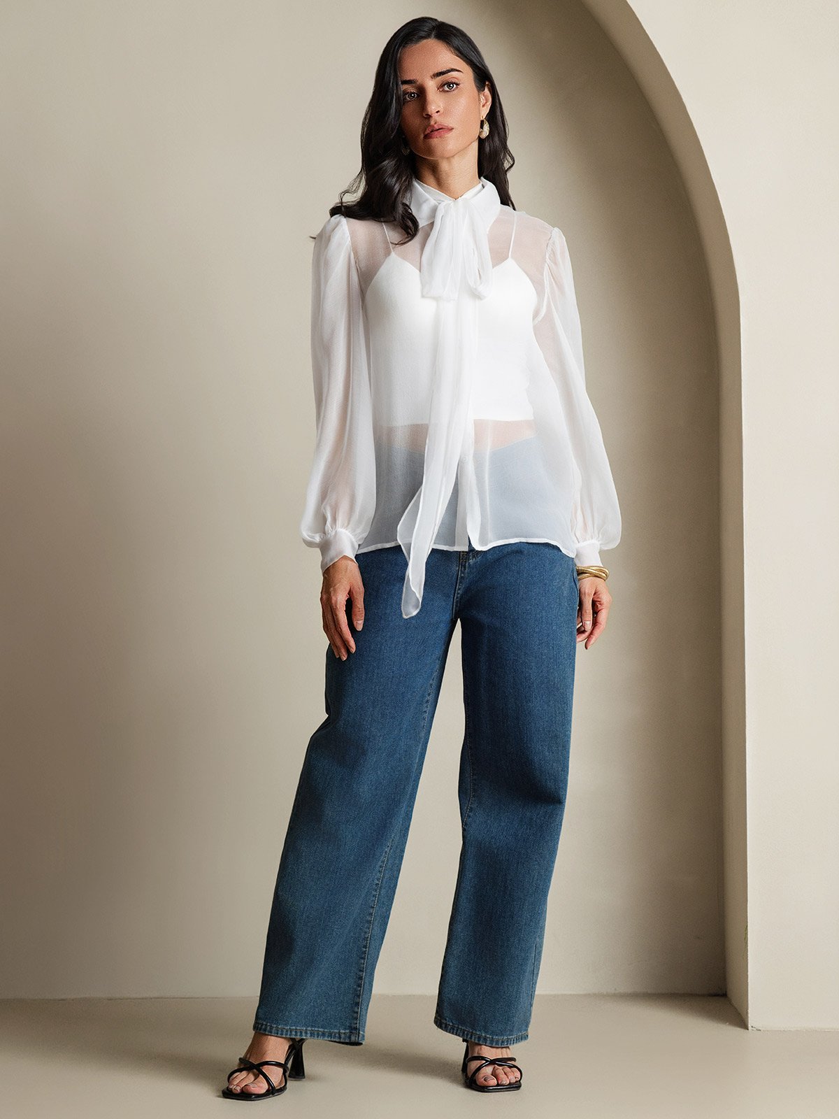 [Blanco] SilkSilky-ES 6Momme Manga larga Cuello Lazo Blusas de Mujer 007