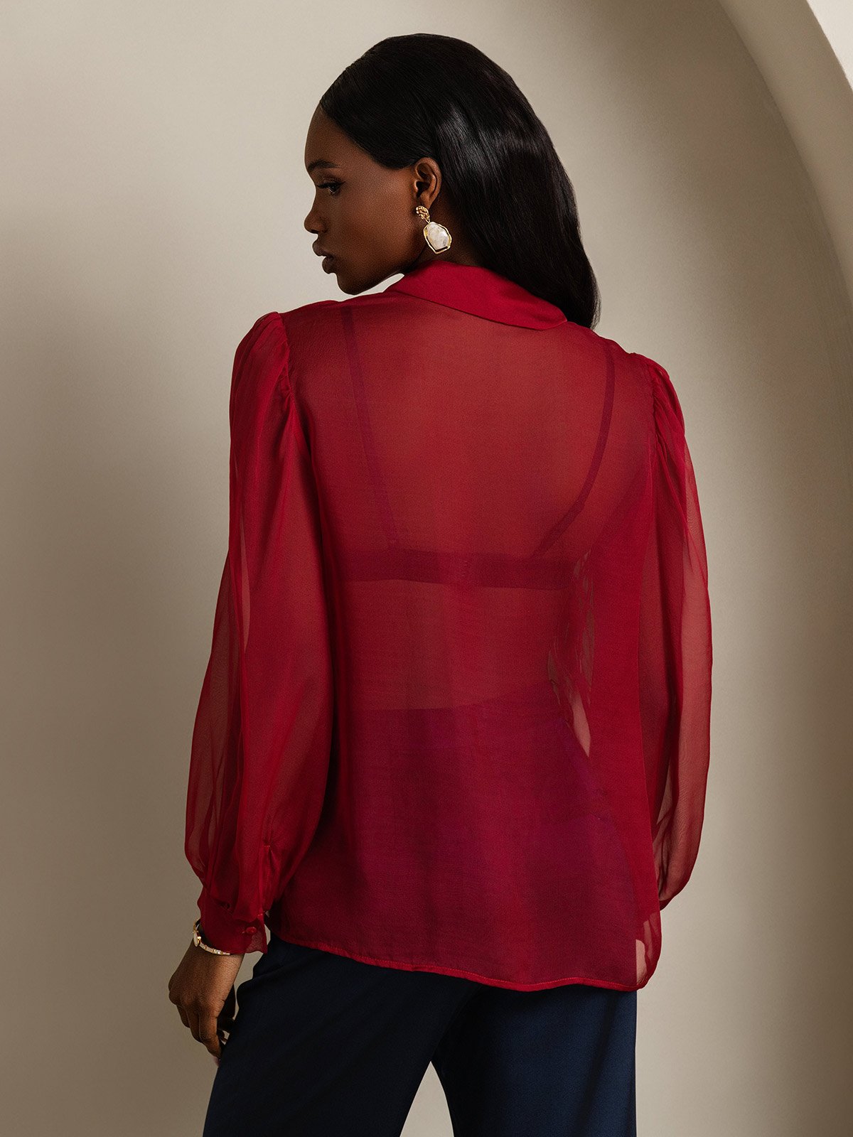 [Vino] SilkSilky-ES 6Momme Manga larga Cuello Lazo Blusas de Mujer 002