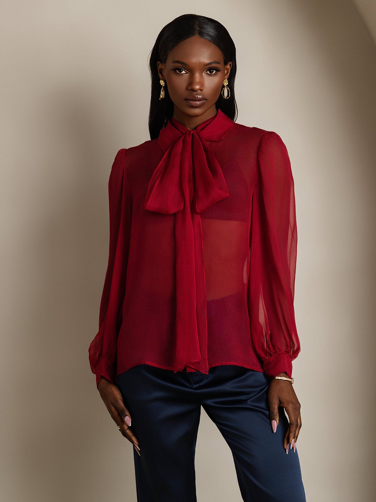 [Vino] SilkSilky-ES 6Momme Manga larga Cuello Lazo Blusas de Mujer 003