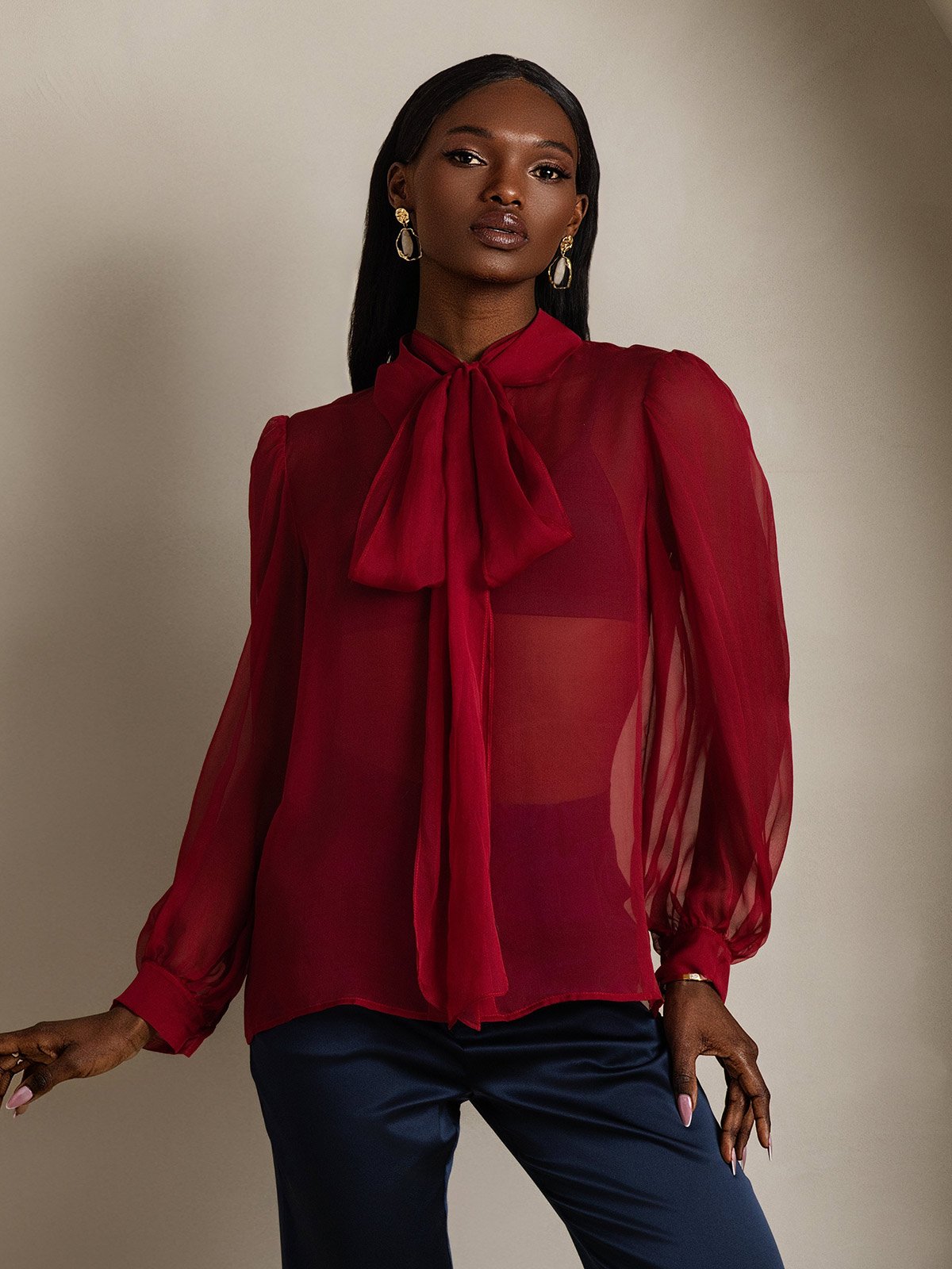 [Vino] SilkSilky-ES 6Momme Manga larga Cuello Lazo Blusas de Mujer 004