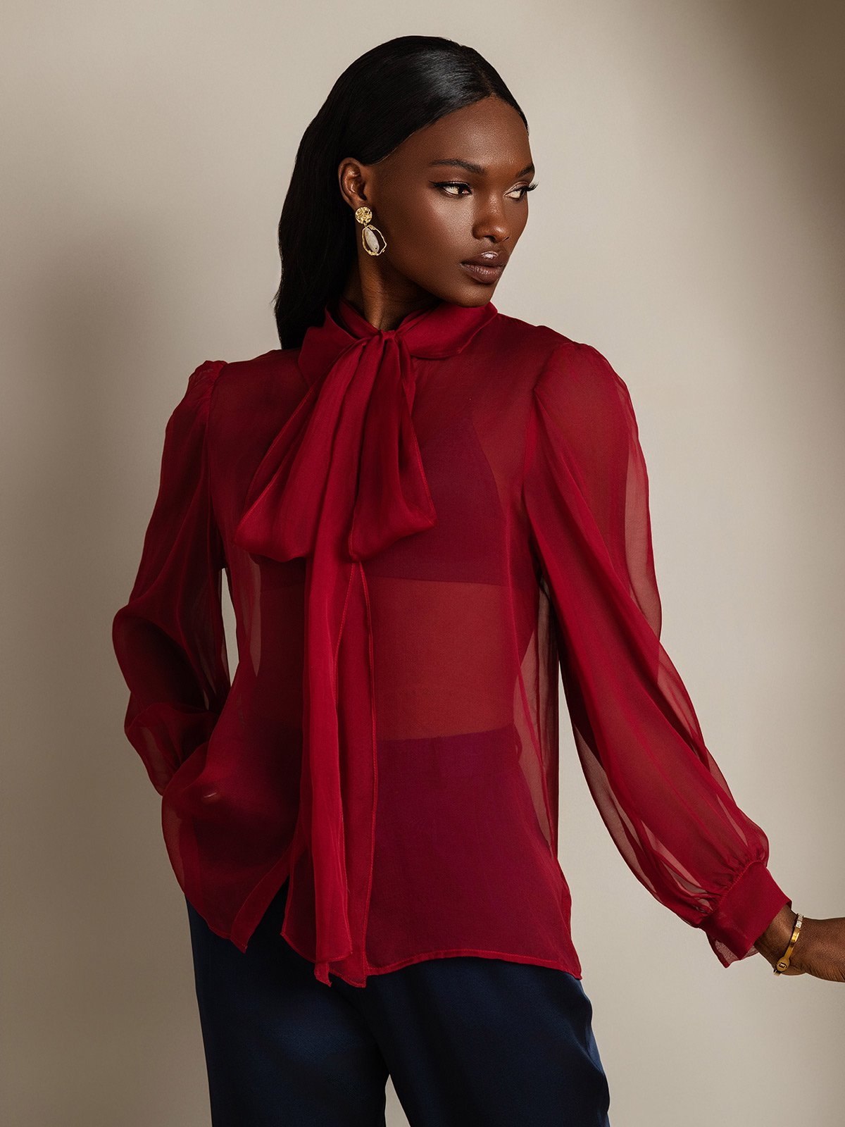 [Vino] SilkSilky-ES 6Momme Manga larga Cuello Lazo Blusas de Mujer 005