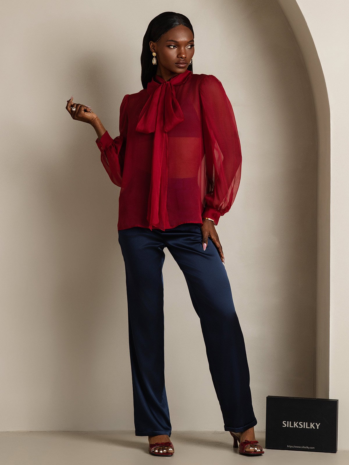 [Vino] SilkSilky-ES 6Momme Manga larga Cuello Lazo Blusas de Mujer 006