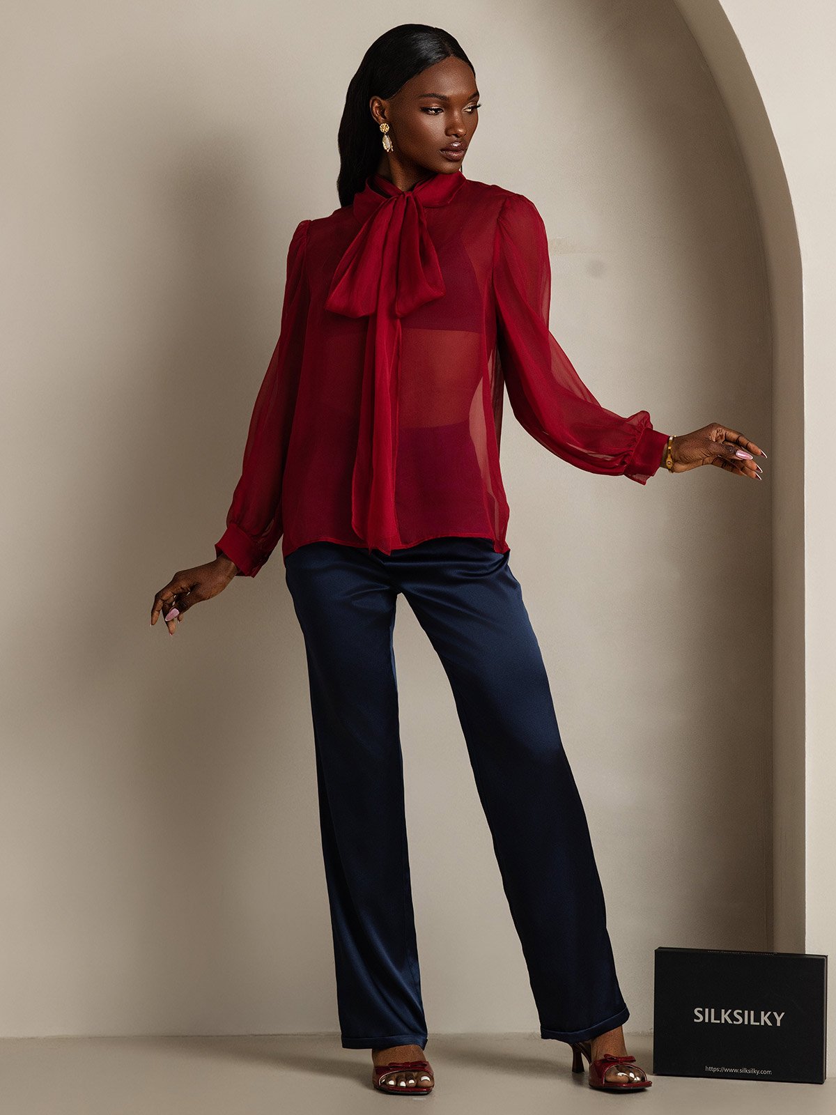 [Vino] SilkSilky-ES 6Momme Manga larga Cuello Lazo Blusas de Mujer 007