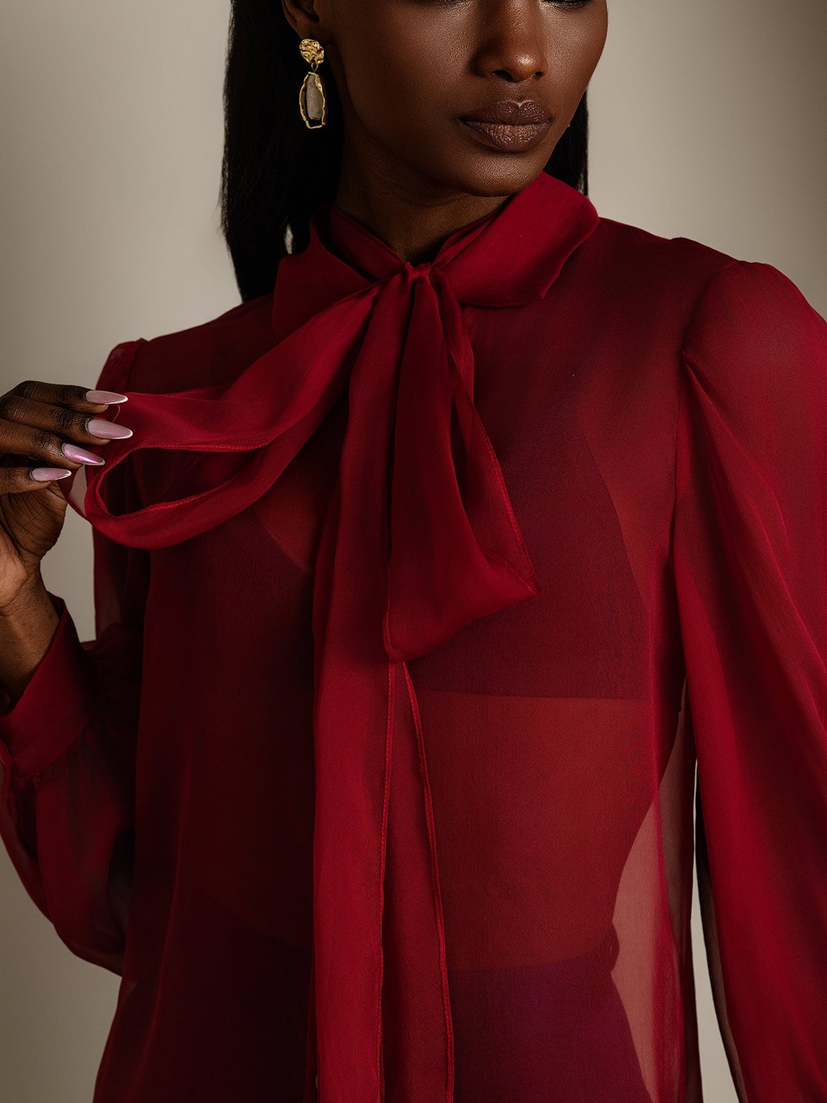 [Vino] SilkSilky-ES 6Momme Manga larga Cuello Lazo Blusas de Mujer 008