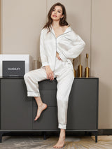 [Blanco] SilkSilky-ES Long Sleeve Lapel Collar Pijamas de mujer 001