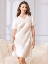 [Blanco] SilkSilky-ES Short Sleeve V Neck Camisón 003