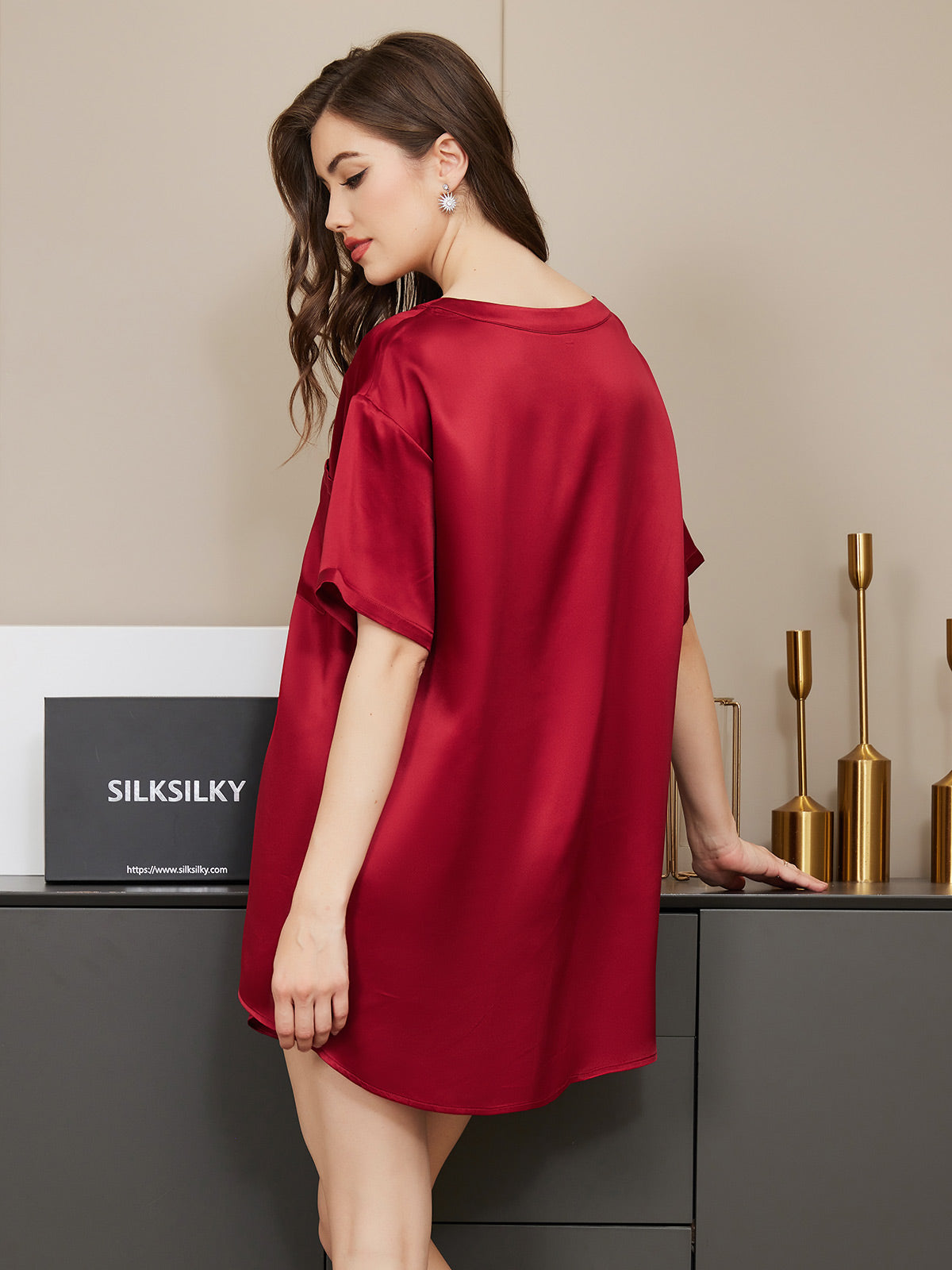 [Vino] SilkSilky-ES Manga corta Cuello Redondo Pijamas de mujer 002