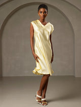 [Amarillo] SilkSilky-ES Cap Sleeve V Neck Vestido 001