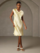 [Amarillo] SilkSilky-ES Cap Sleeve V Neck Vestido 005