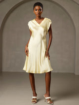 [Amarillo] SilkSilky-ES Cap Sleeve V Neck Vestido 006