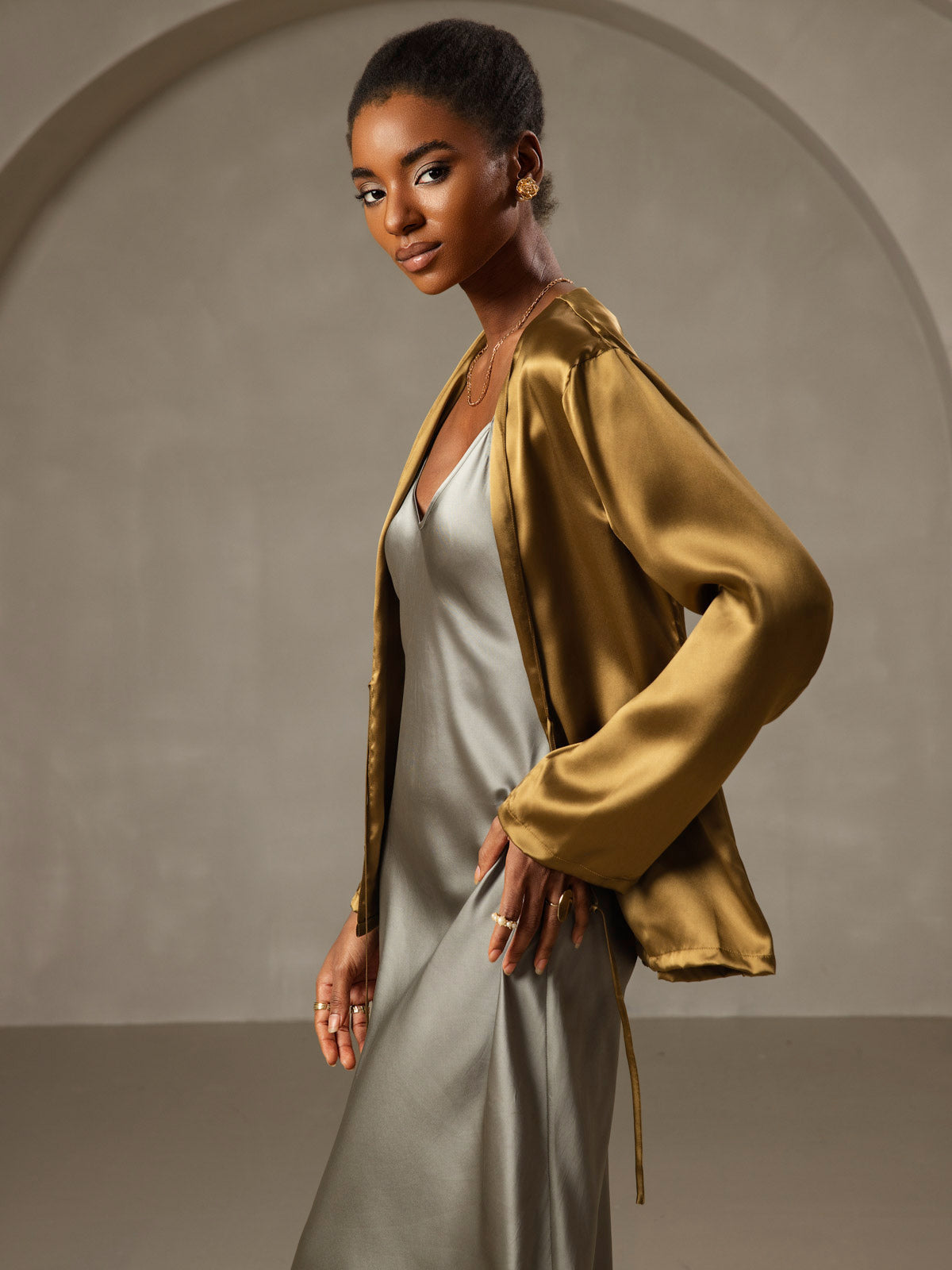 [Verde Grisáceo] SilkSilky-ES Seda Pura Dress 006,