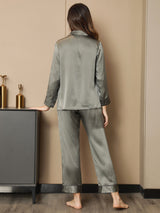 [Verde Grisáceo] SilkSilky-ES Seda Pura Manga larga Womens Pajamas 002