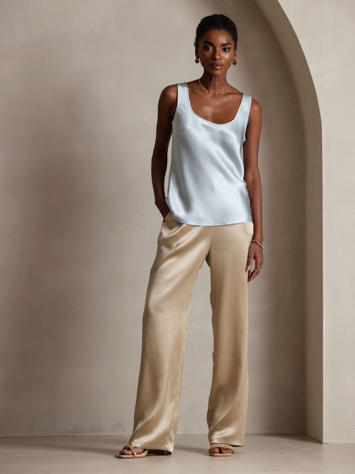 [Azul Claro] SilkSilky-ES 19Momme Seda Cuello en U Top de tirantes 006