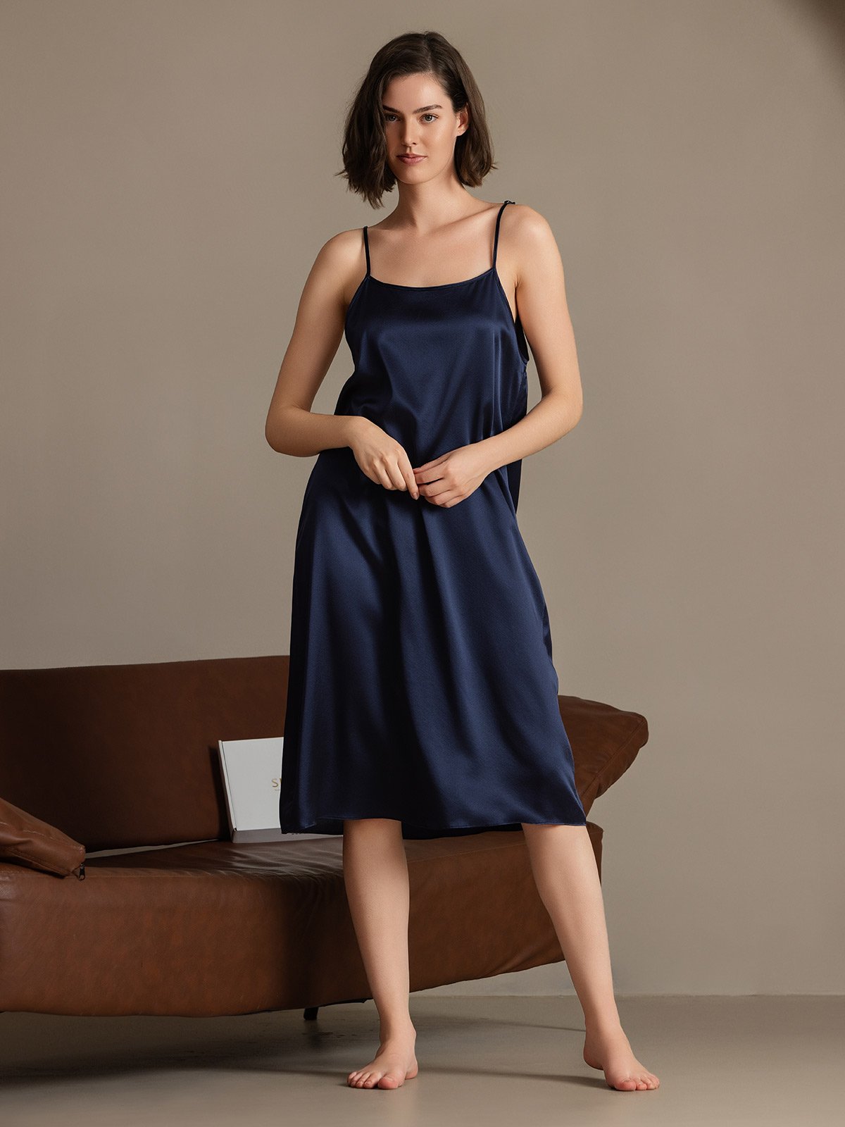 [Azul Oscuro] SilkSilky-ES 19Momme Seda Sin mangas Dress 006