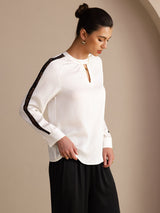 [Blanco] SilkSilky-ES Long Sleeve Keyhole Neck Blusas 003
