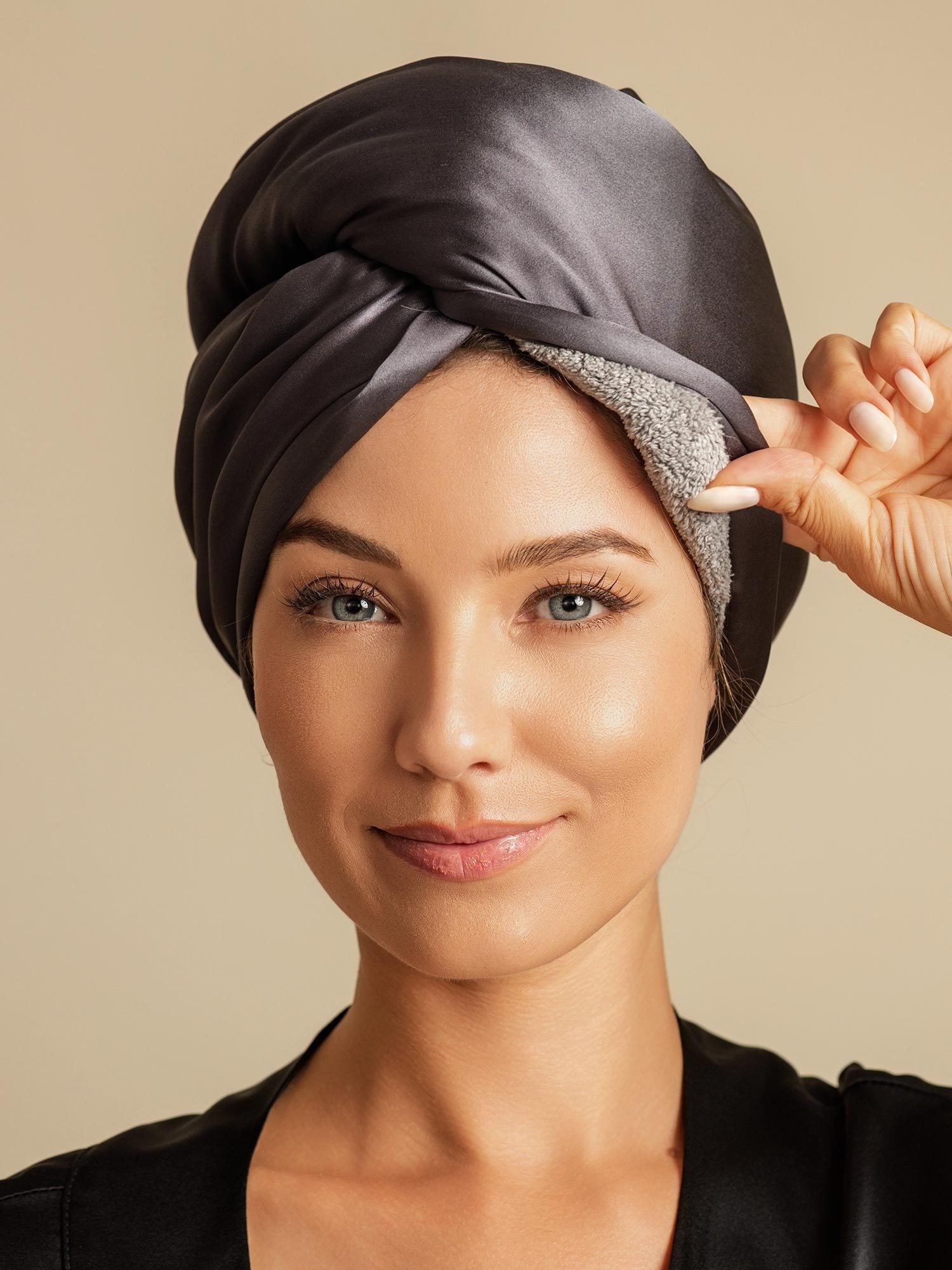 [Gris Oscuro] SilkSilky-ES Seda Pura Hair Towel Wrap 005,