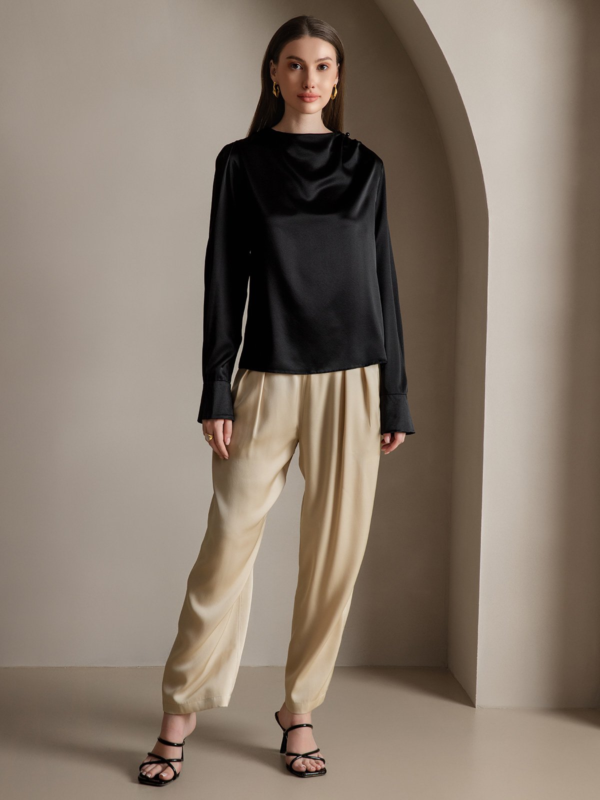 [Negro] SilkSilky-ES 19Momme Seda Womens Shirt 008