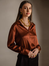 [Caramelo] SilkSilky-ES Long Sleeve Lapel Collar Blusas de Mujer 003