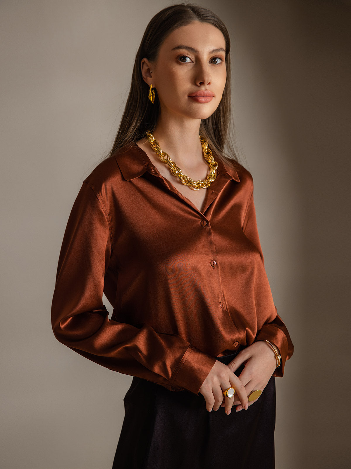 [Café] SilkSilky-ES Seda Lapel Collar Blusas de Mujer 003