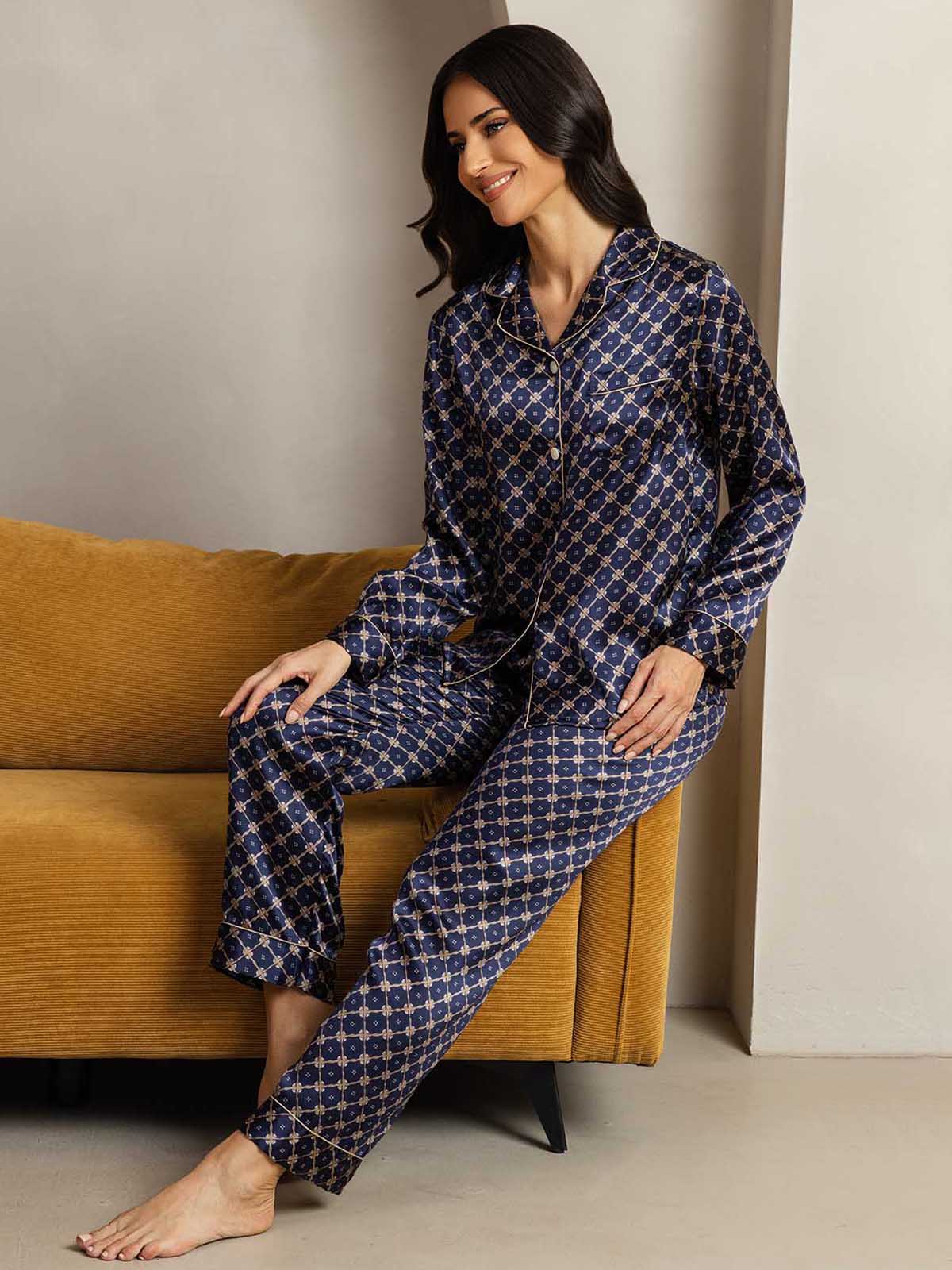 [Cadena Azul Marino] SilkSilky-ES Seda Pura Womens Pajamas 003