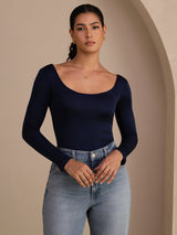 [Azul Oscuro] SilkSilky-ES Long Sleeve Cuello en U Camisetas de Mujer 003