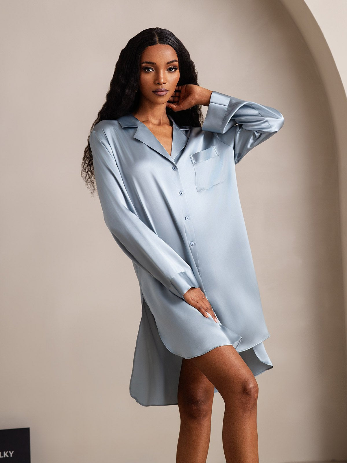 [AzulGrisáceo] SilkSilky-ES Seda Pura Cuello Camisero Camisón 007