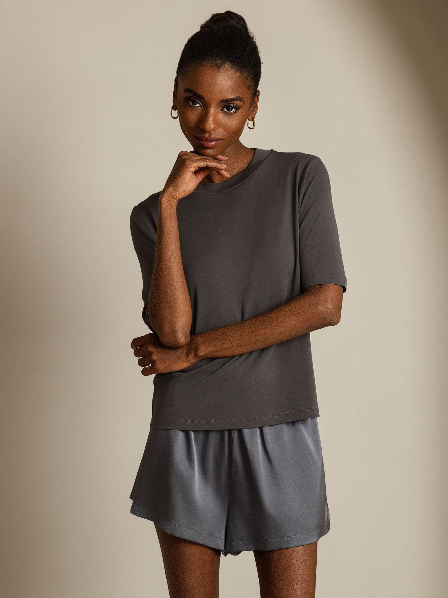 [Gris] SilkSilky-ES Seda Pura Womens T-Shirt 005