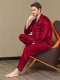 SilkSilky-ES Seda Pura Manga larga Solapa Pijamas de hombre Vino 005