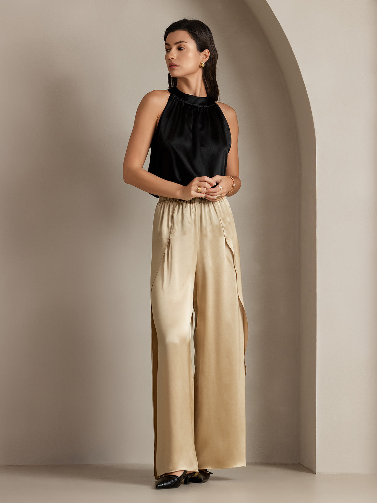 [Champán] SilkSilky-ES 19Momme Seda Split Pantalones de mujer 012