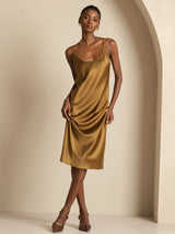 [Marrón] SilkSilky-ES Spaghetti Strap Cuello en U Vestido 004