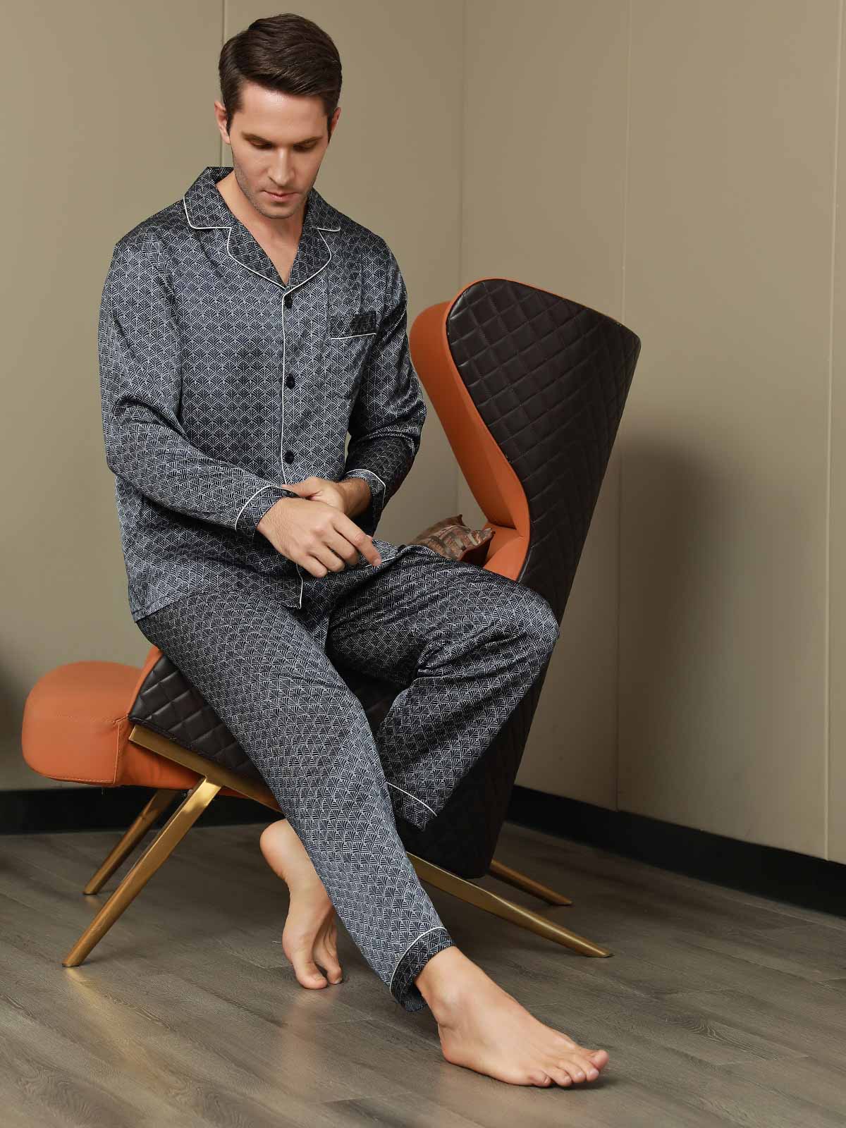 [Ginkgo Azul Marino] SilkSilky-ES 19Momme Seda Pura Mens Pajamas 006