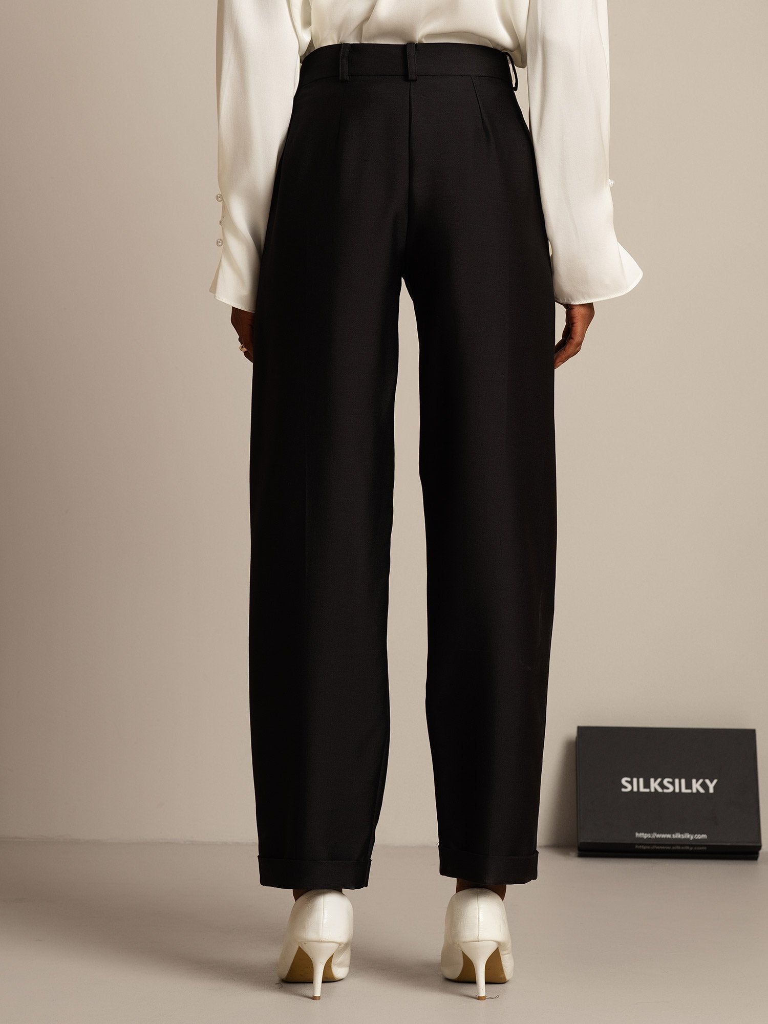 [Negro] SilkSilky-ES 32Momme Silk-Wool Blend Womens Pants 002,