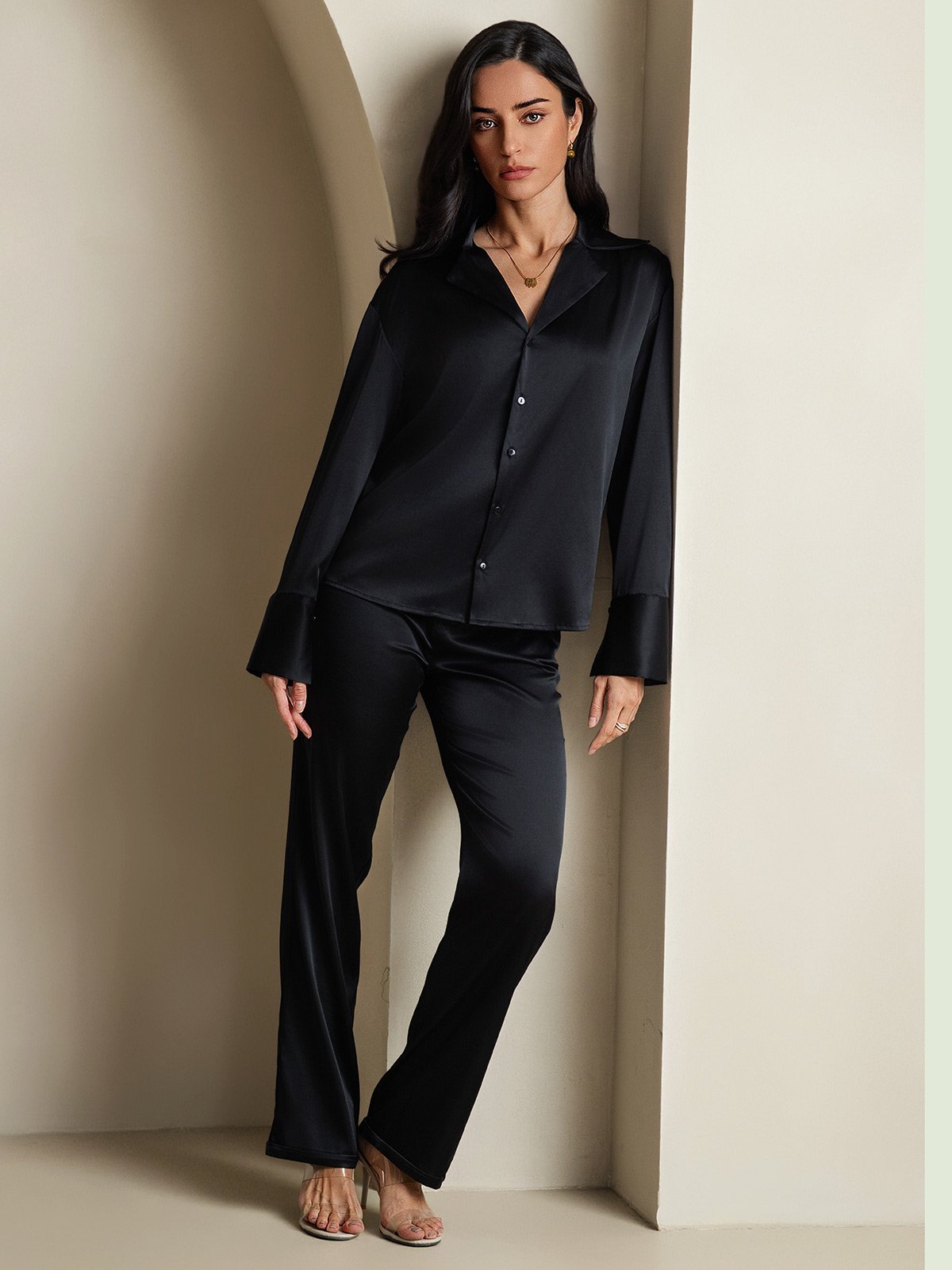 [Negro] SilkSilky-ES 19Momme Seda Womens Shirt 008