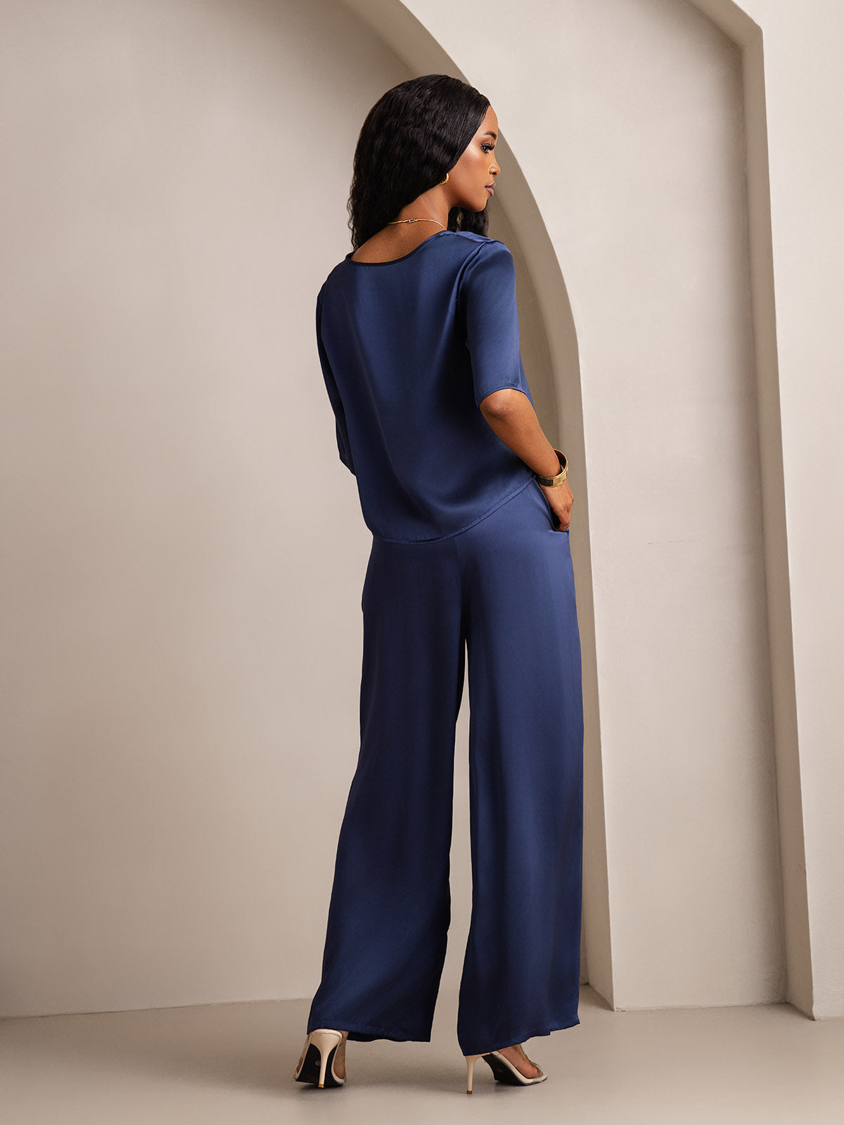 [Azul Oscuro] SilkSilky-ES Seda Pura Womens Pajamas 002