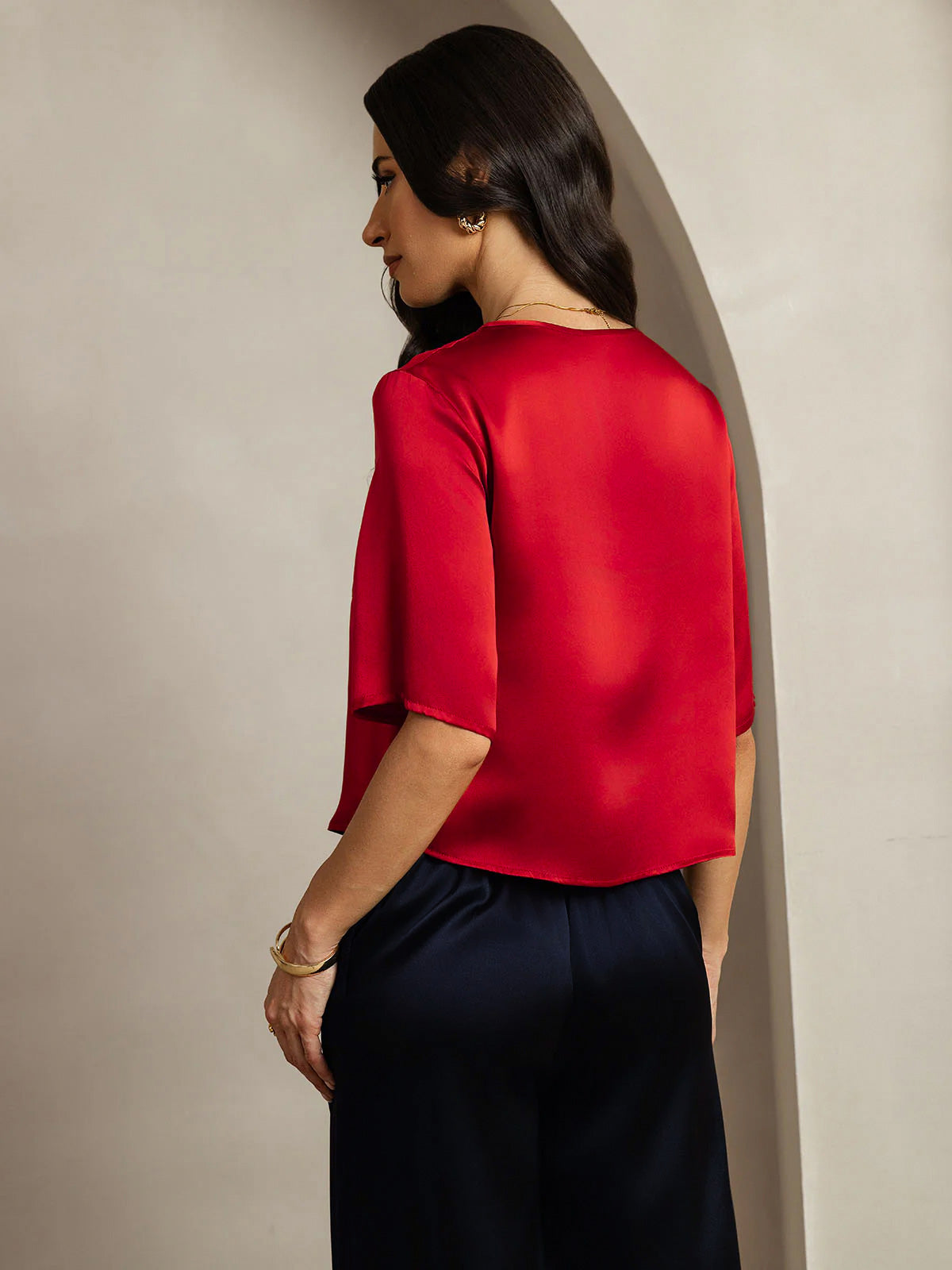 [Rojo Oscuro] SilkSilky-ES Seda Pura Cuello Barco Camisetas de Mujer 002