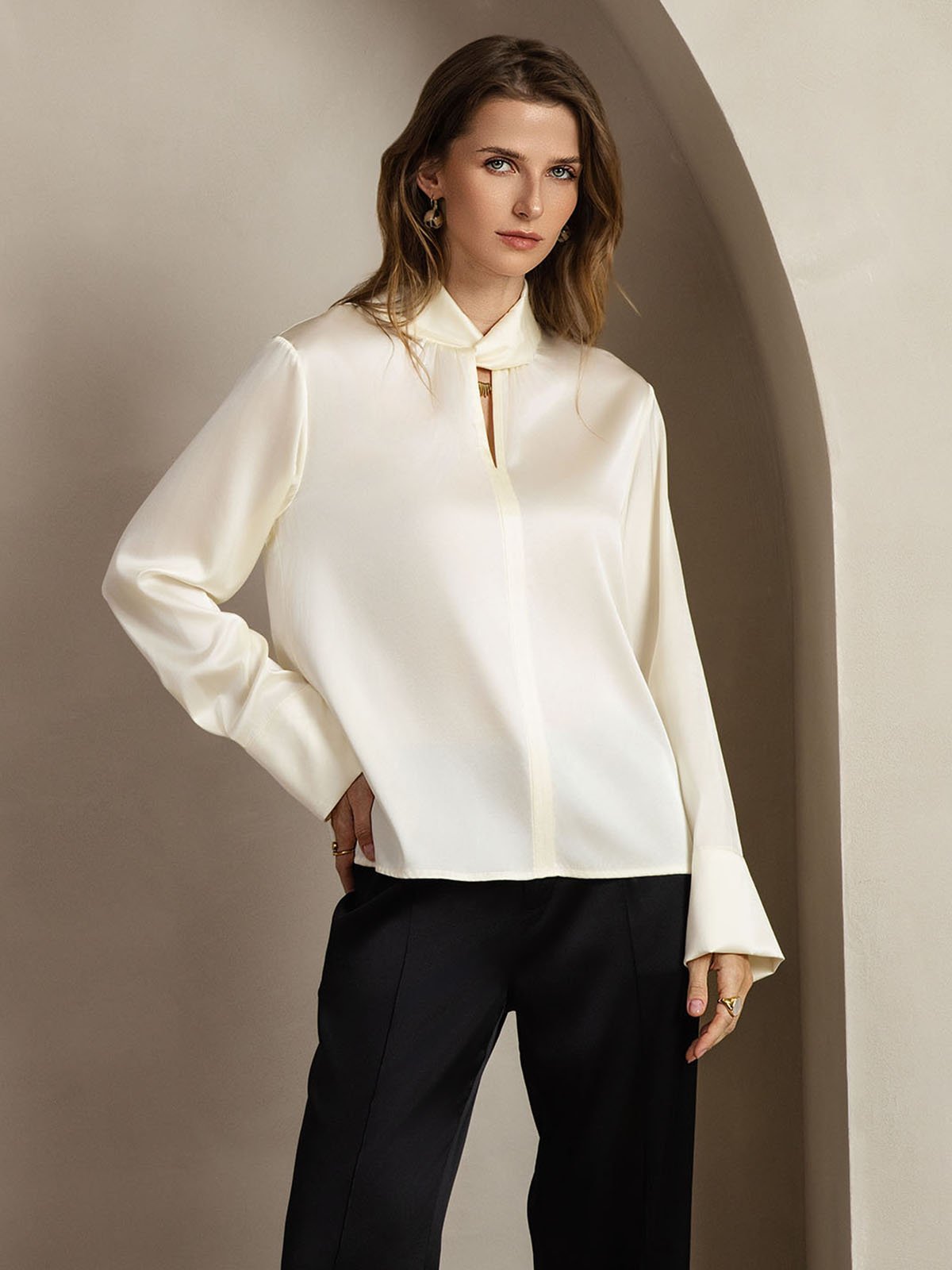 [Marfil] SilkSilky-ES 19Momme Seda Escote lágrima Blusas de Mujer 008