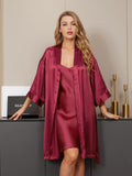 SilkSilky ES Seda Pura Manga francesa Nightgown&Robe Set Vino 005