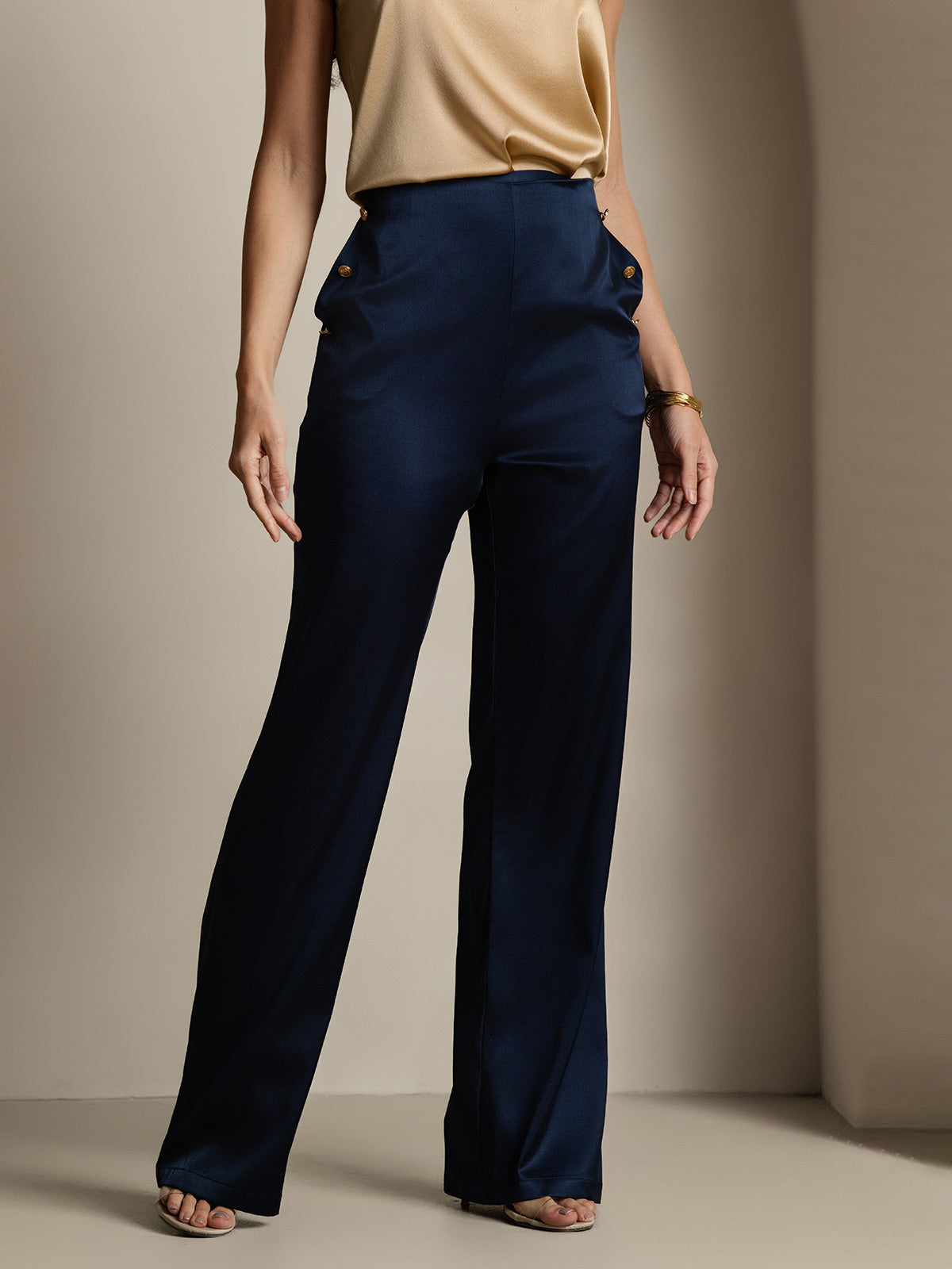 [Azul Oscuro] SilkSilky-ES 19Momme Seda Womens Pants 005