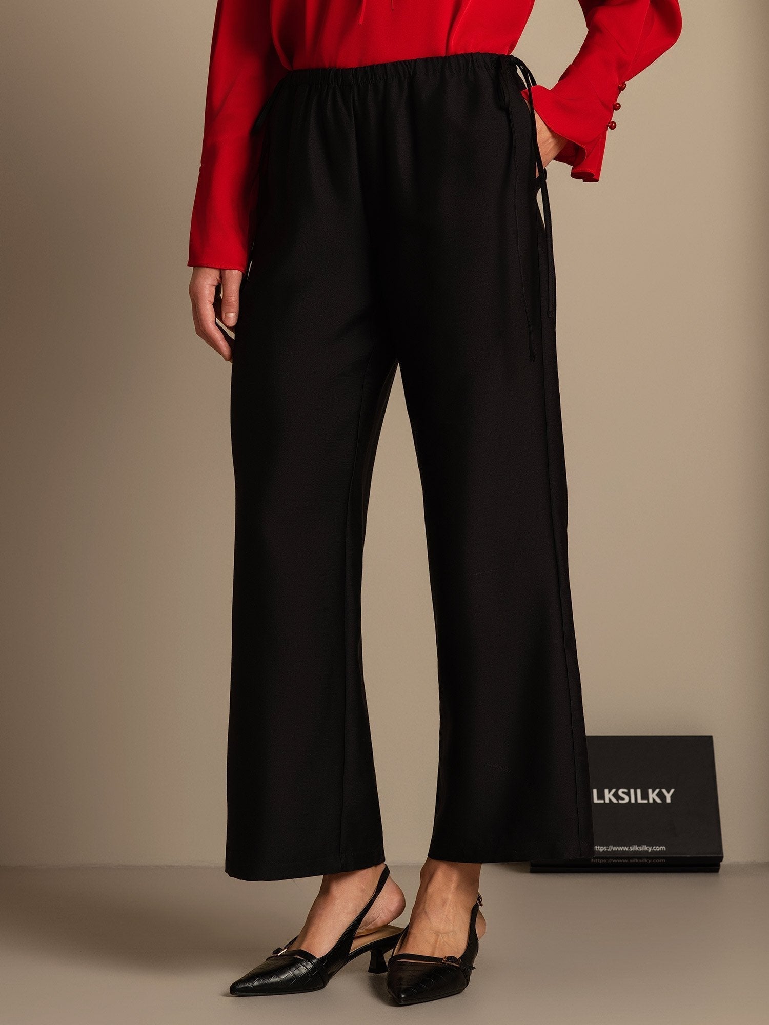 [Negro] SilkSilky-ES 32Momme Silk-Wool Blend Womens Pants 003,