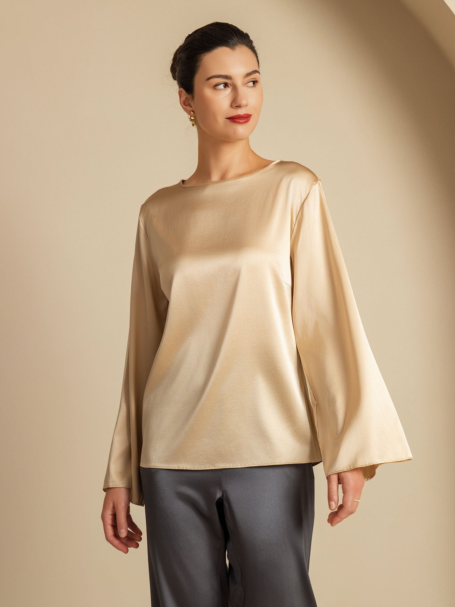 [Champán] SilkSilky-ES 19Momme Seda Womens T-Shirt 004