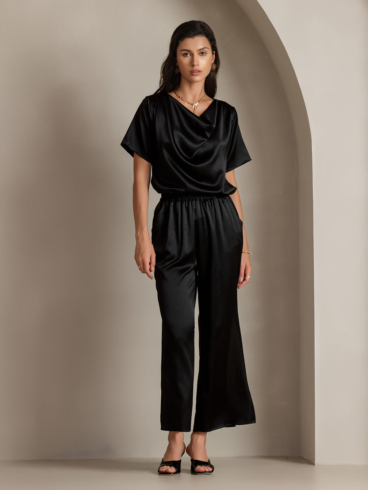 [Negro] SilkSilky-ES 19Momme Seda Womens T-Shirt 006