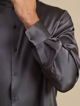 [Gris Oscuro] SilkSilky-ES Long Sleeve Stand Collar Camisa de hombre 007