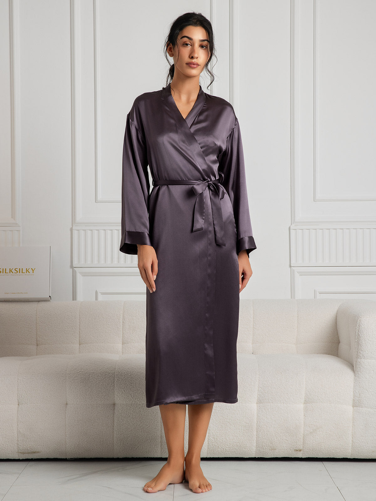 [Gris Púrpura] SilkSilky-ES Seda Pura Wrap Bata de mujer 001