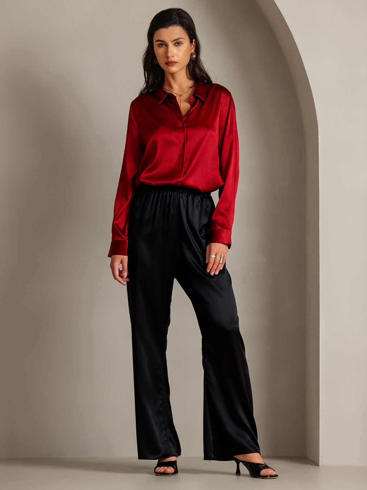 [Rojo] SilkSilky-ES Seda Lapel Collar Blusas de Mujer 003