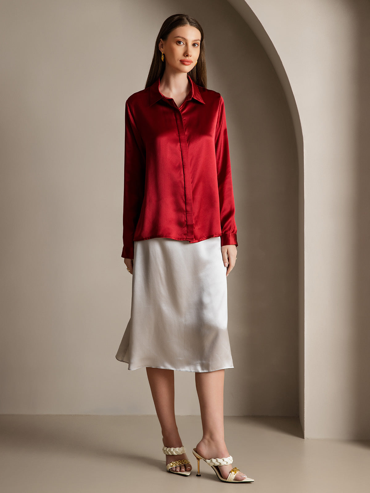 [Vino] SilkSilky-ES 19Momme Seda Lapel Collar Blusas de Mujer 004