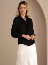 [Negro] SilkSilky-ES Long Sleeve Tie Neck Blusas 003