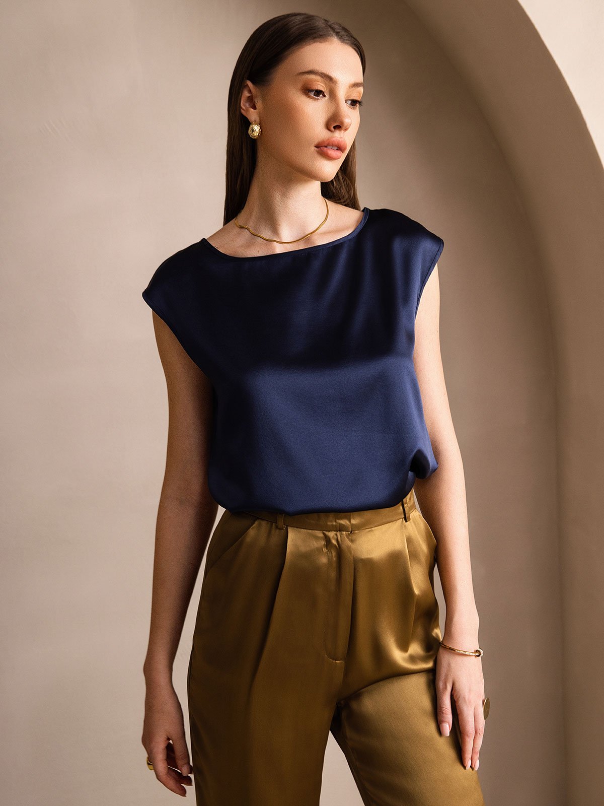 [Azul Oscuro] SilkSilky-ES 19Momme Manga Casquillo Cuello Redondo Camisetas de Mujer 001