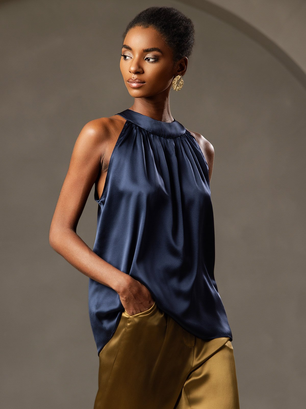 [Azul Oscuro] SilkSilky-ES 19Momme Sin mangas Halter Camisetas de Mujer 001