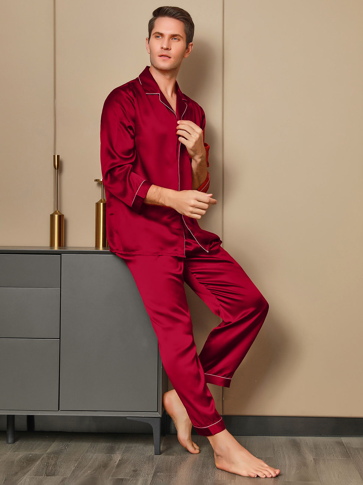 [Rojo] SilkSilky-ES 19Momme Seda Pura Mens Pajamas 004